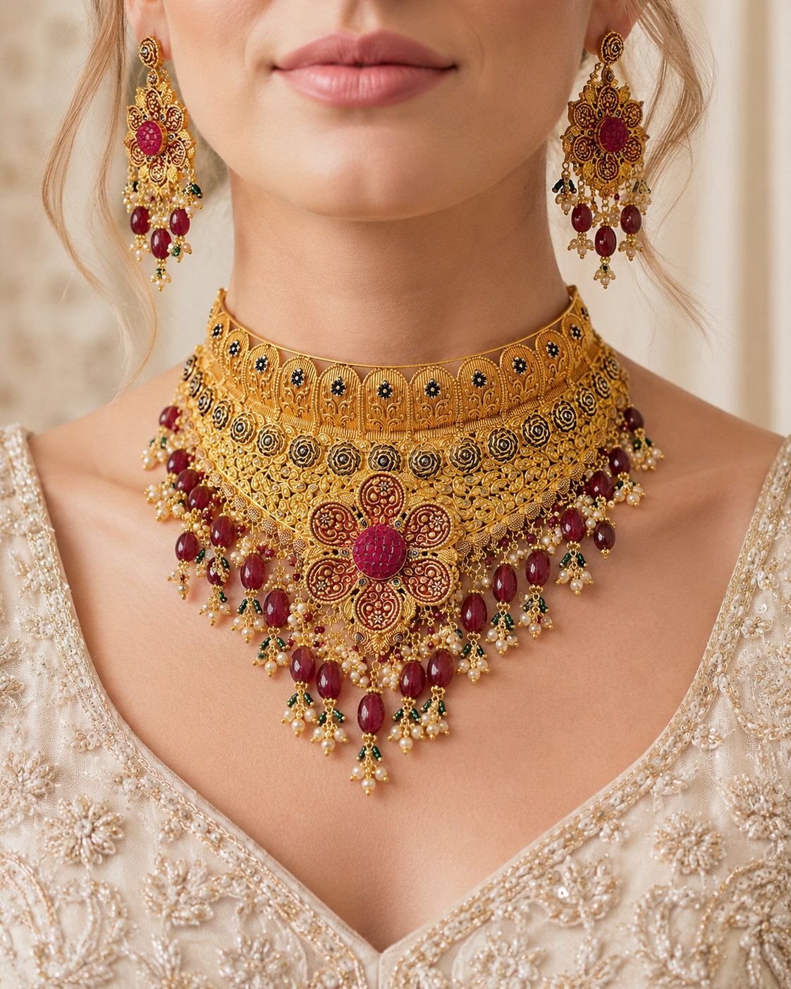 Zarafshan Ruby Bridal Choker Set (Lightweight)